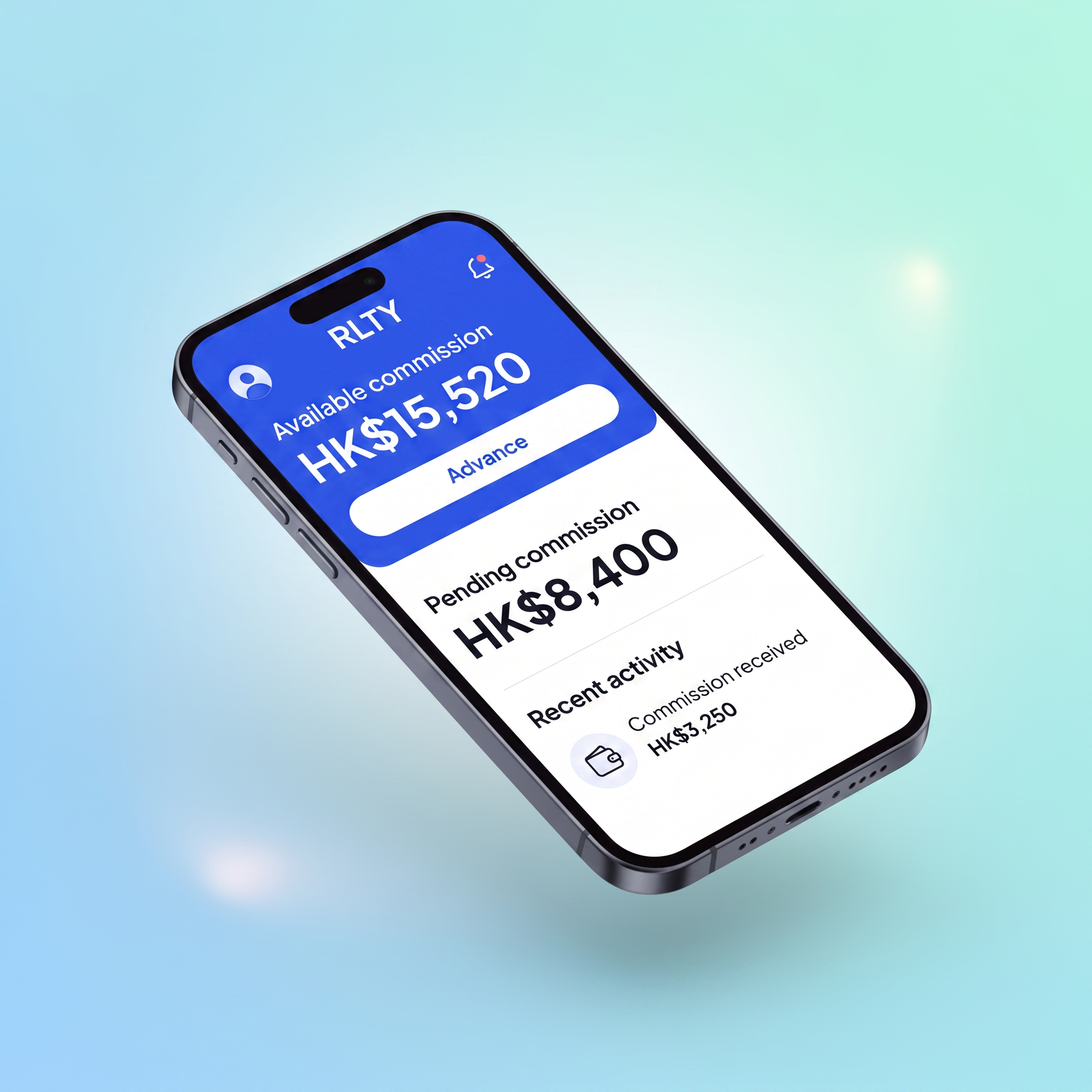 RLTY mobile app showing commission advance dashboard
